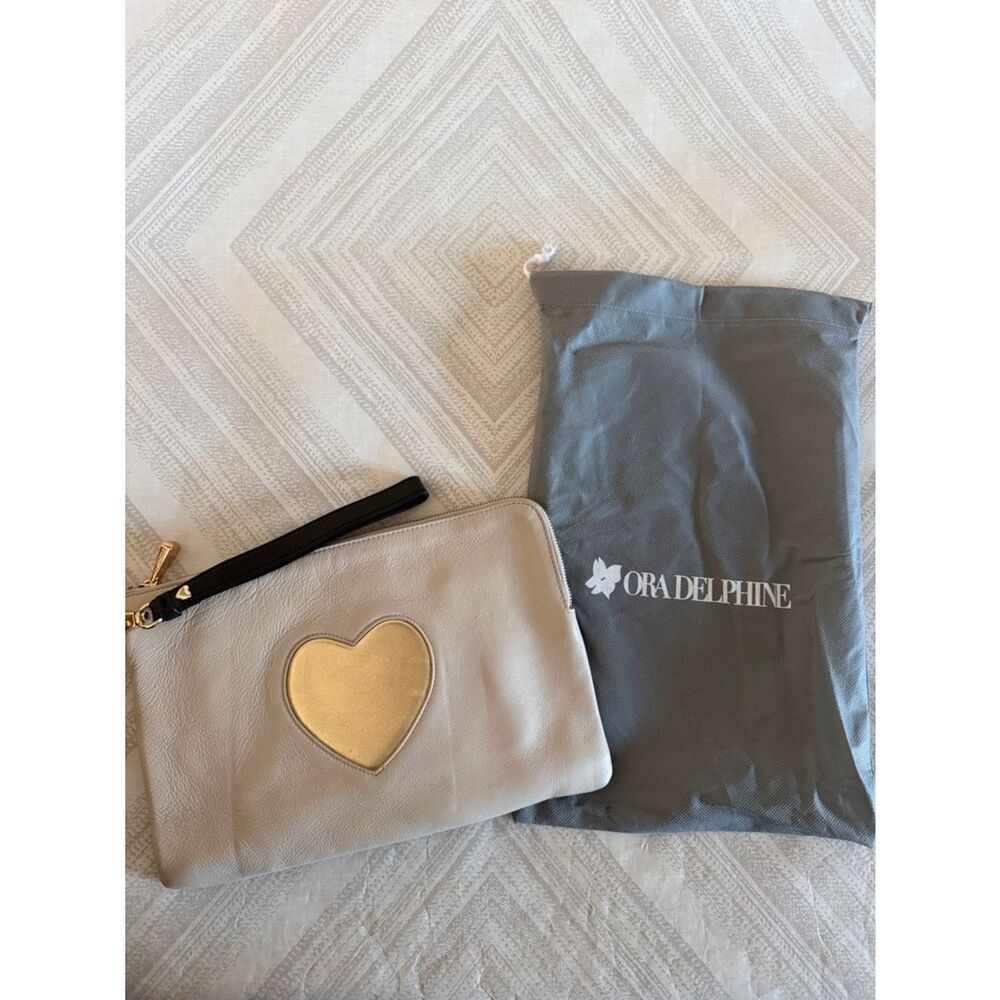 Ora Delphine Beige Black Leather Wristlet Gold Heart Clutch Purse with Dust Bag